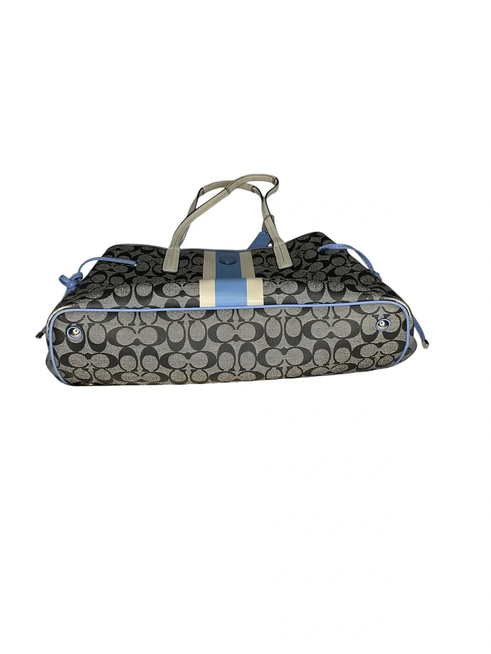 Coach Signature Stripe Drawstring Tote Bag Blue Canvas Leather F23049